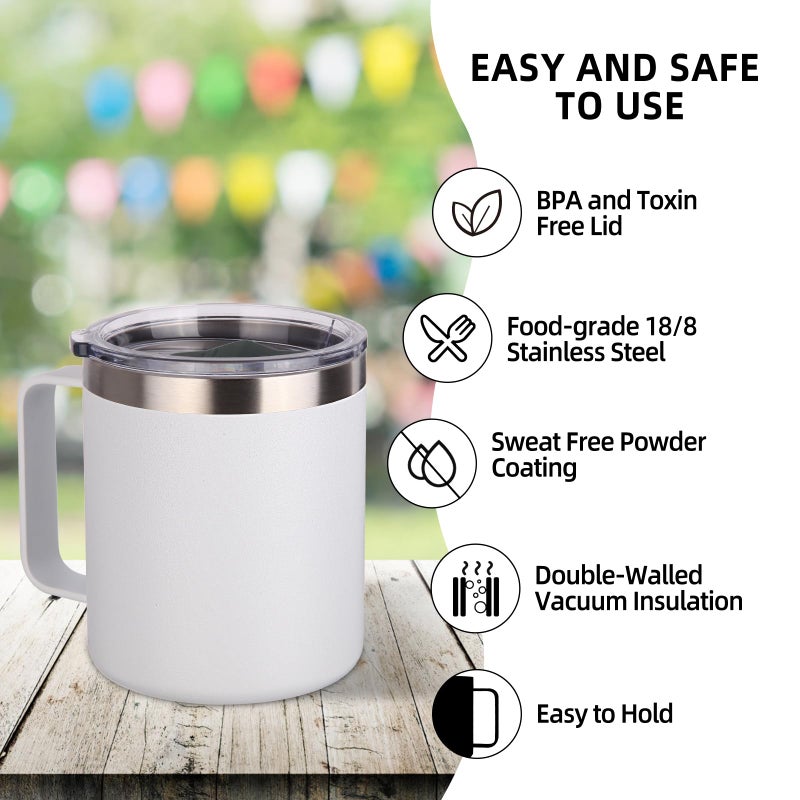 Volhoply 14oz Insulated Stainless Steel Coffee Mug with Lid Bulk 2 Pack Double Wall Vacuum Travel Coffee Cup with Handle Reusable Metal Cups Tumbler Camping Mugs Keep Hot Ideal Gifts(White 2) - Image 4